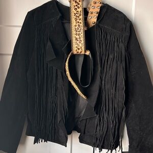Black Fringe Suede Jacket - bracelet and belt